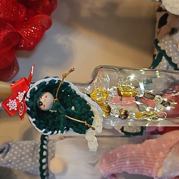 HAND CRAFTED crochet ornament holiday decor Handmade Upcycled materials green 7" - Picture 12 of 17